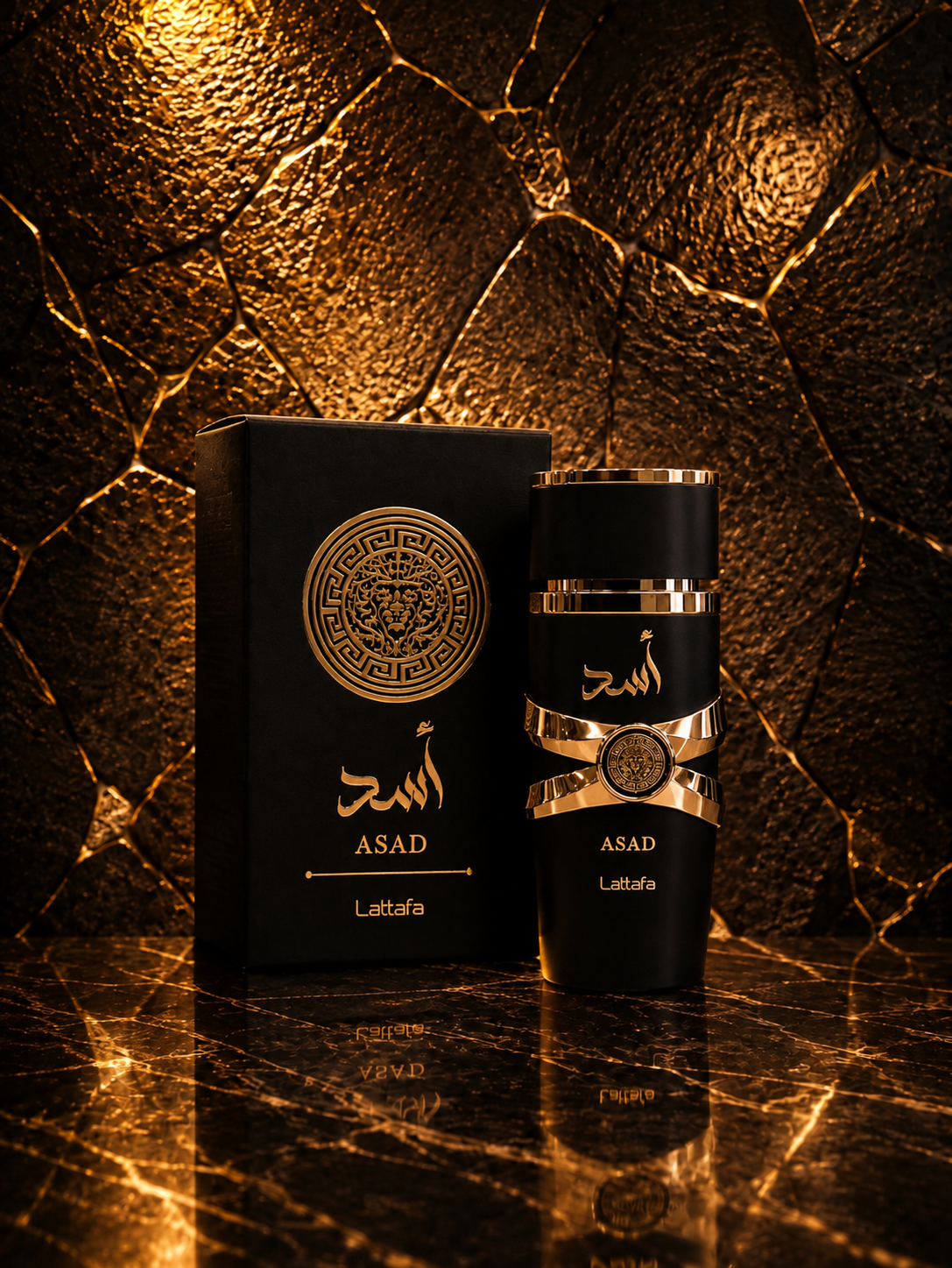 Caixa e frasco do perfume Asad da Lattafa