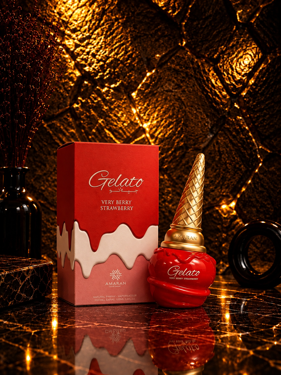 Caixa e frasco do perfume Gelato Very Berry Strawberry da Amaran