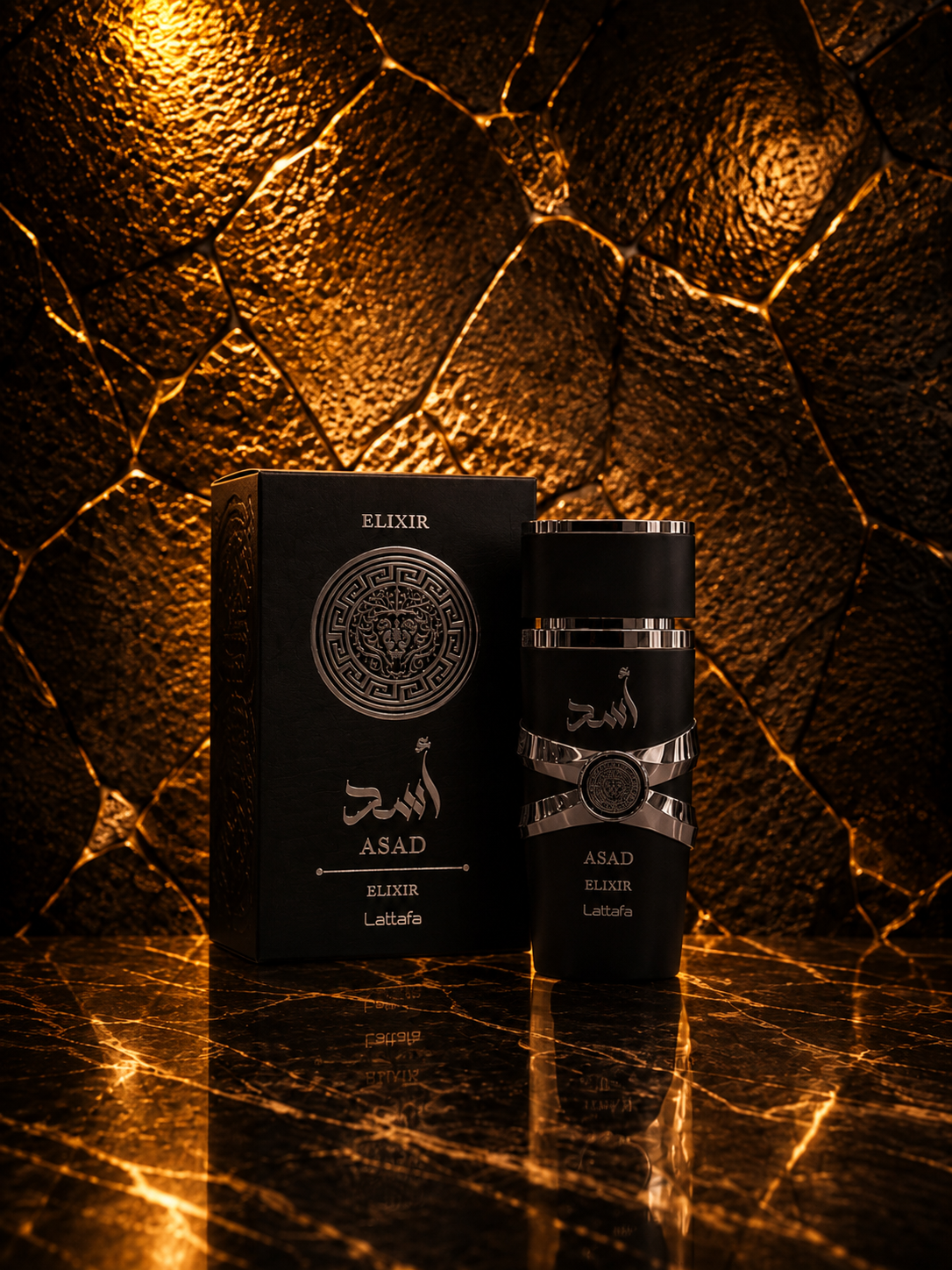 Caixa e frasco do perfume Asad Elixir da Lattafa