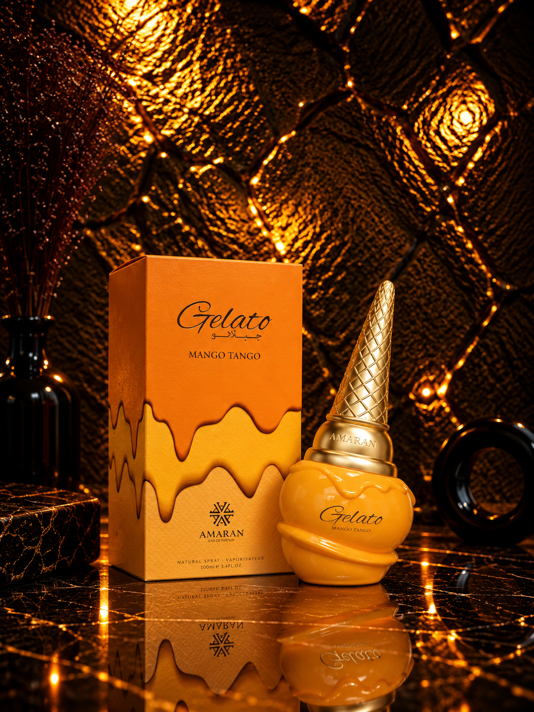 Caixa e frasco do perfume Gelato Mango Tango da Amaran