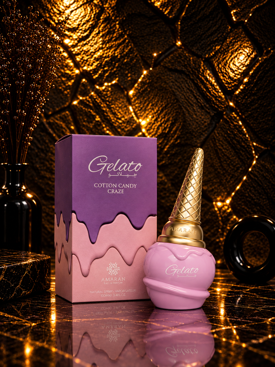 Caixa e frasco do perfume Gelato Cotton Candy Craze da Amaran
