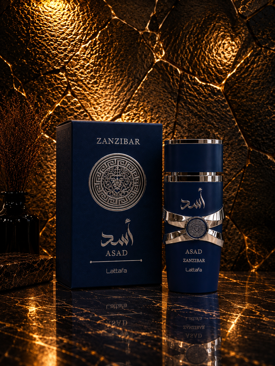 Caixa e frasco do perfume Asad Zanzibar da Lattafa