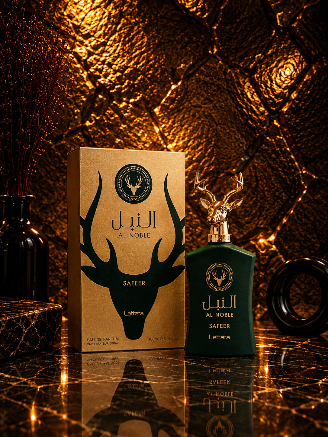 Caixa e frasco do perfume Al Noble Safeer da Lattafa