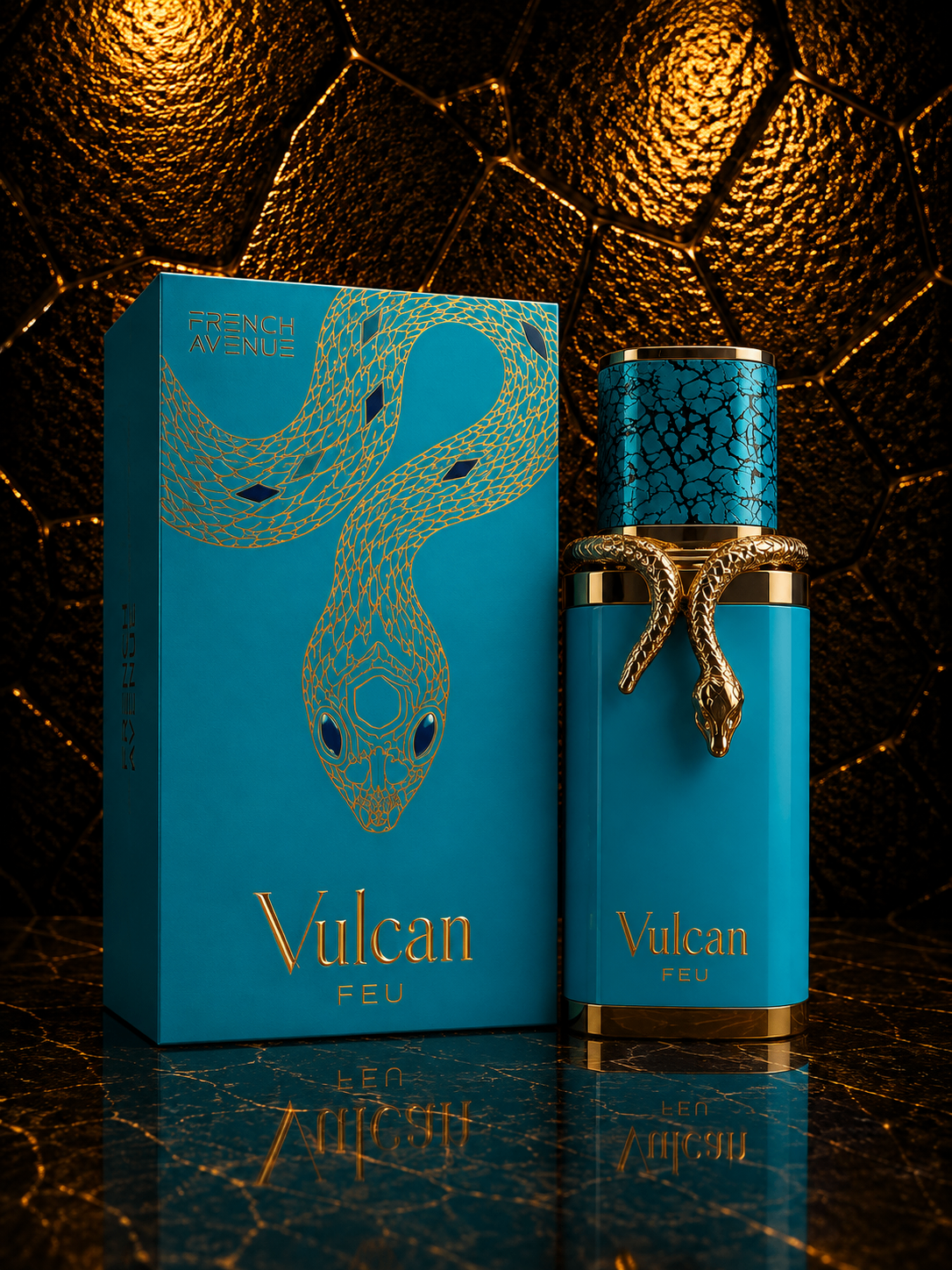 Caixa e frasco do perfume Vulcan Feu da French Avenue