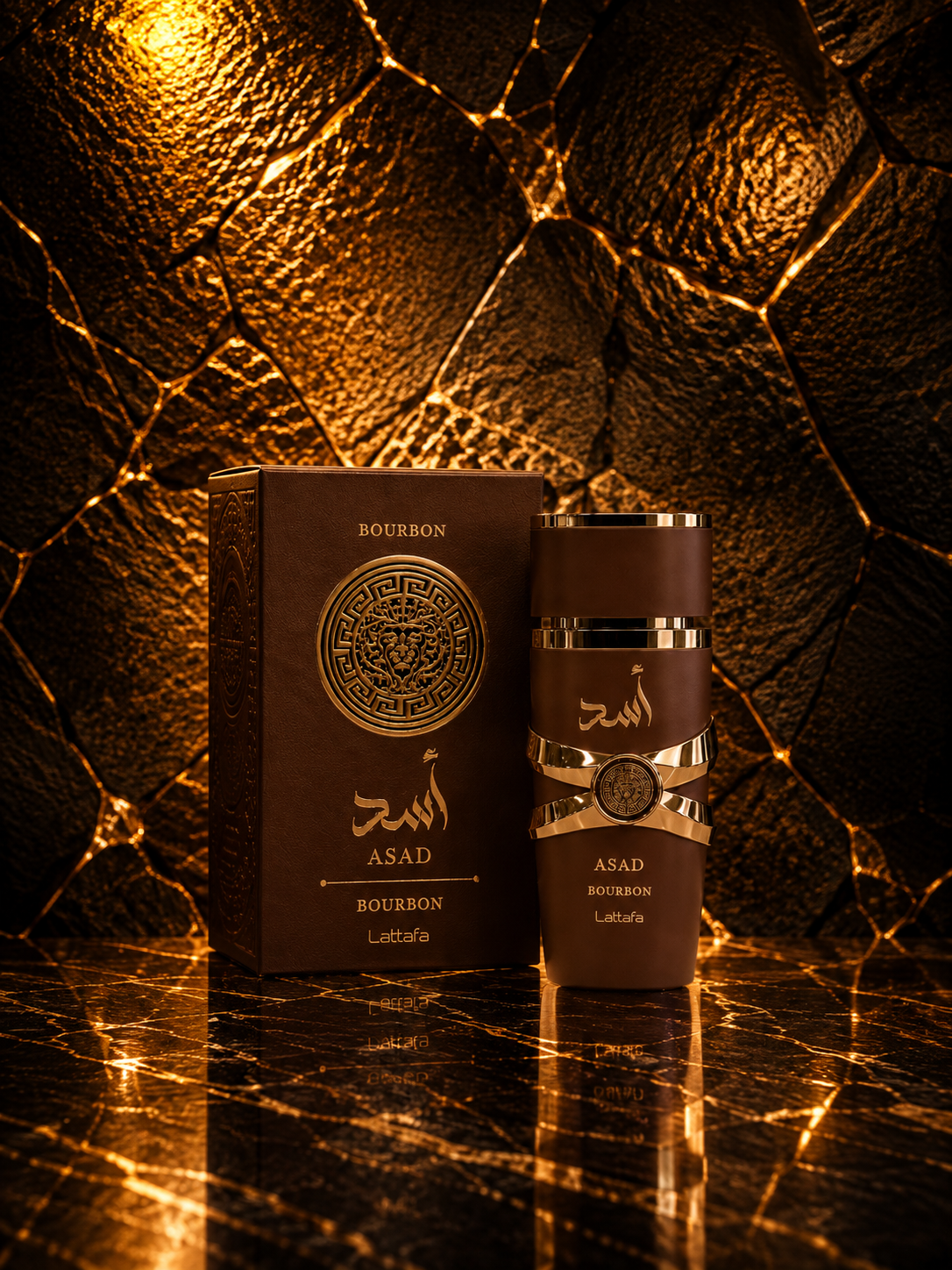 Caixa e frasco do perfume Asad Bourbon da Lattafa