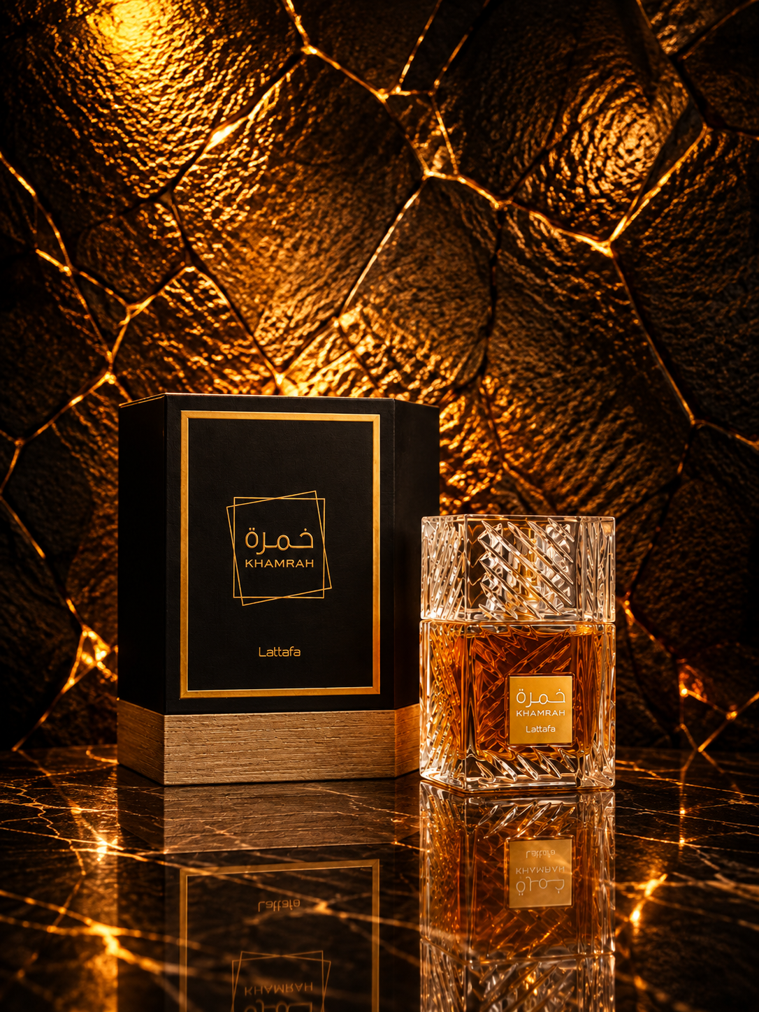 Caixa e frasco do perfume Khamrah da Lattafa