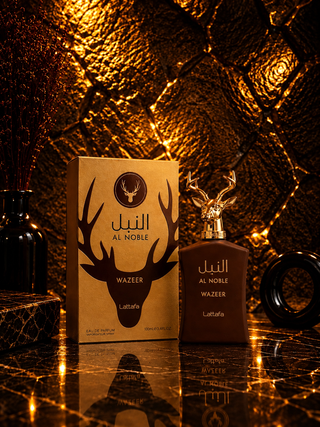 Caixa e frasco do perfume Al Noble Wazeer da Lattafa
